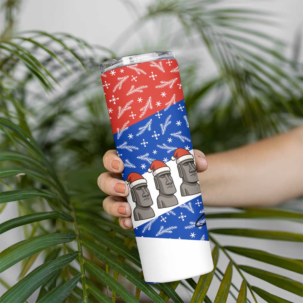 Chile Christmas Skinny Tumbler with Moai Statues Santa Hats Snowflakes and Flag Colors Design - Wonder Print Shop