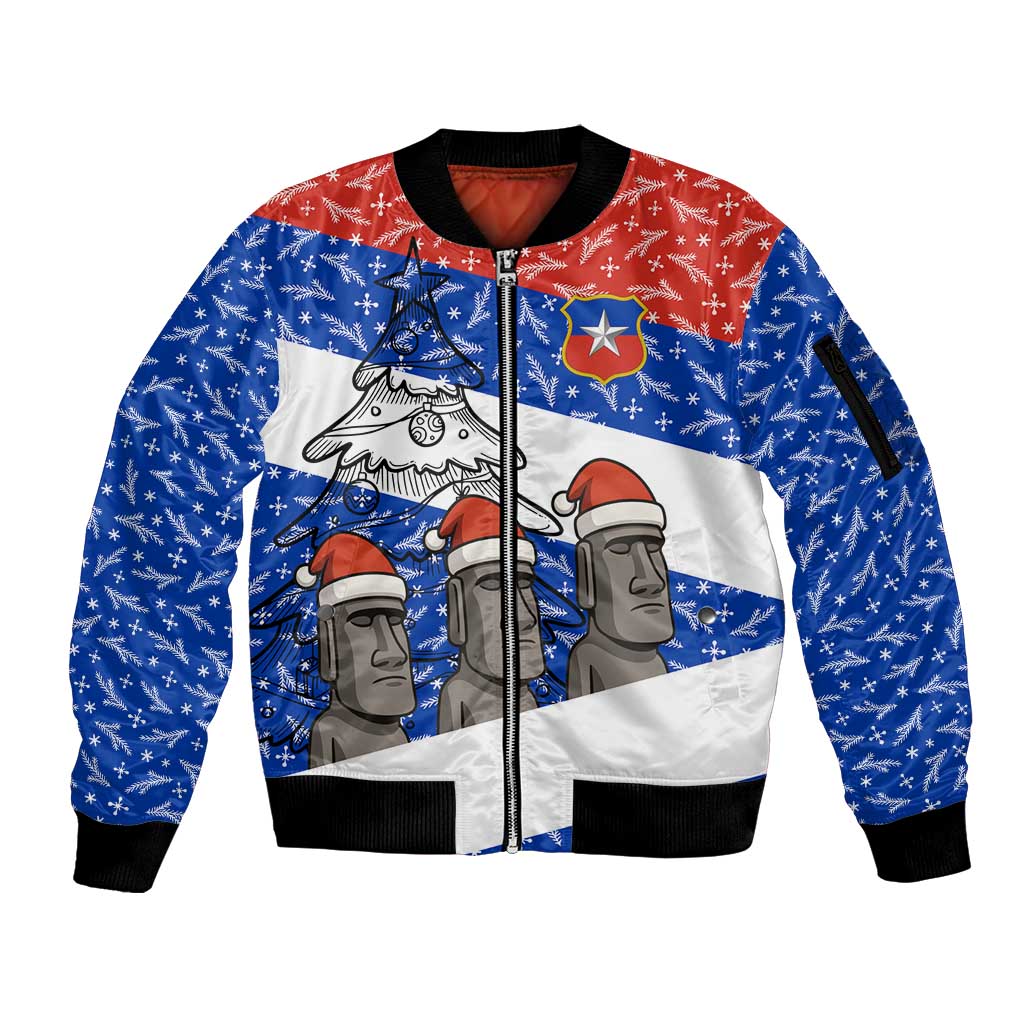 Chile Christmas Sleeve Zip Bomber Jacket with Moai Statues Santa Hats Snowflakes and Flag Colors Design - Wonder Print Shop