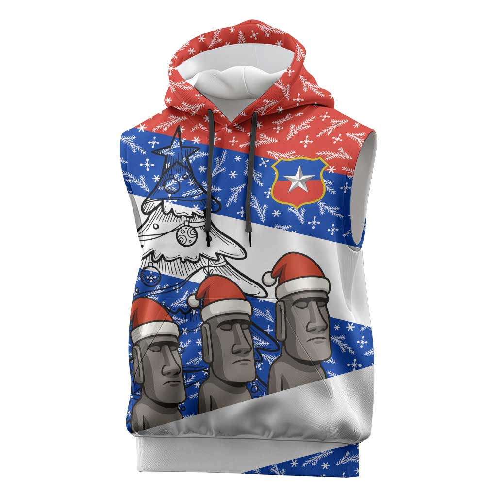 Chile Christmas Sleeveless Hoodie with Moai Statues Santa Hats Snowflakes and Flag Colors Design - Wonder Print Shop