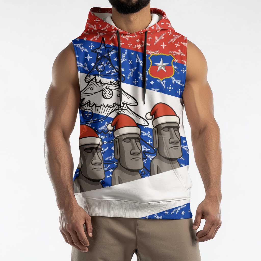 Chile Christmas Sleeveless Hoodie with Moai Statues Santa Hats Snowflakes and Flag Colors Design - Wonder Print Shop