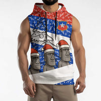 Chile Christmas Sleeveless Hoodie with Moai Statues Santa Hats Snowflakes and Flag Colors Design - Wonder Print Shop