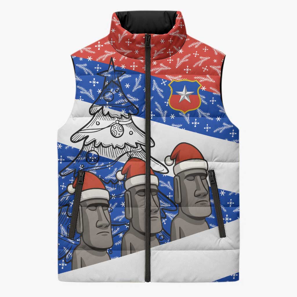 Chile Christmas Sleeveless Puffer Jacket with Moai Statues Santa Hats Snowflakes and Flag Colors Design - Wonder Print Shop