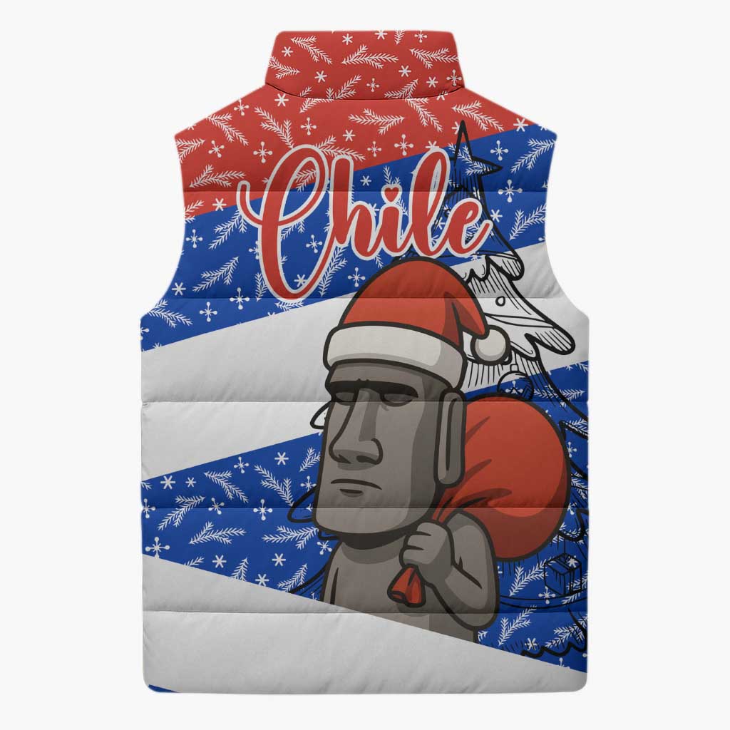 Chile Christmas Sleeveless Puffer Jacket with Moai Statues Santa Hats Snowflakes and Flag Colors Design - Wonder Print Shop