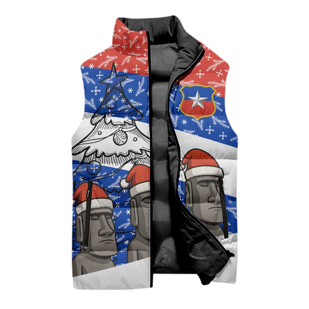 Chile Christmas Sleeveless Puffer Jacket with Moai Statues Santa Hats Snowflakes and Flag Colors Design - Wonder Print Shop
