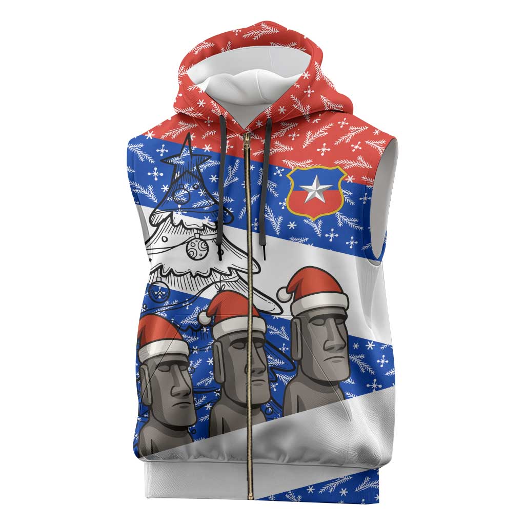 Chile Christmas Sleeveless Zip Hoodie with Moai Statues Santa Hats Snowflakes and Flag Colors Design - Wonder Print Shop