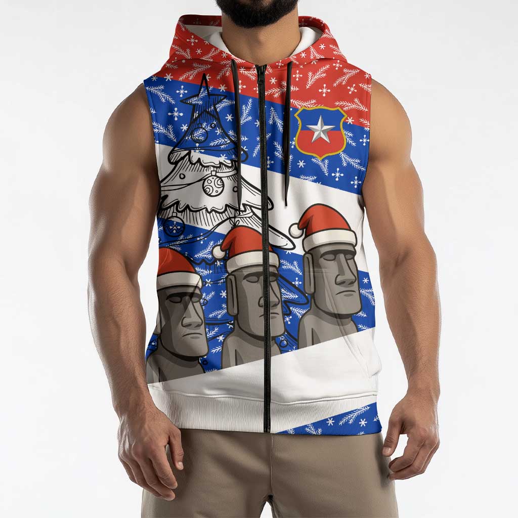 Chile Christmas Sleeveless Zip Hoodie with Moai Statues Santa Hats Snowflakes and Flag Colors Design - Wonder Print Shop
