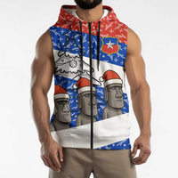 Chile Christmas Sleeveless Zip Hoodie with Moai Statues Santa Hats Snowflakes and Flag Colors Design - Wonder Print Shop