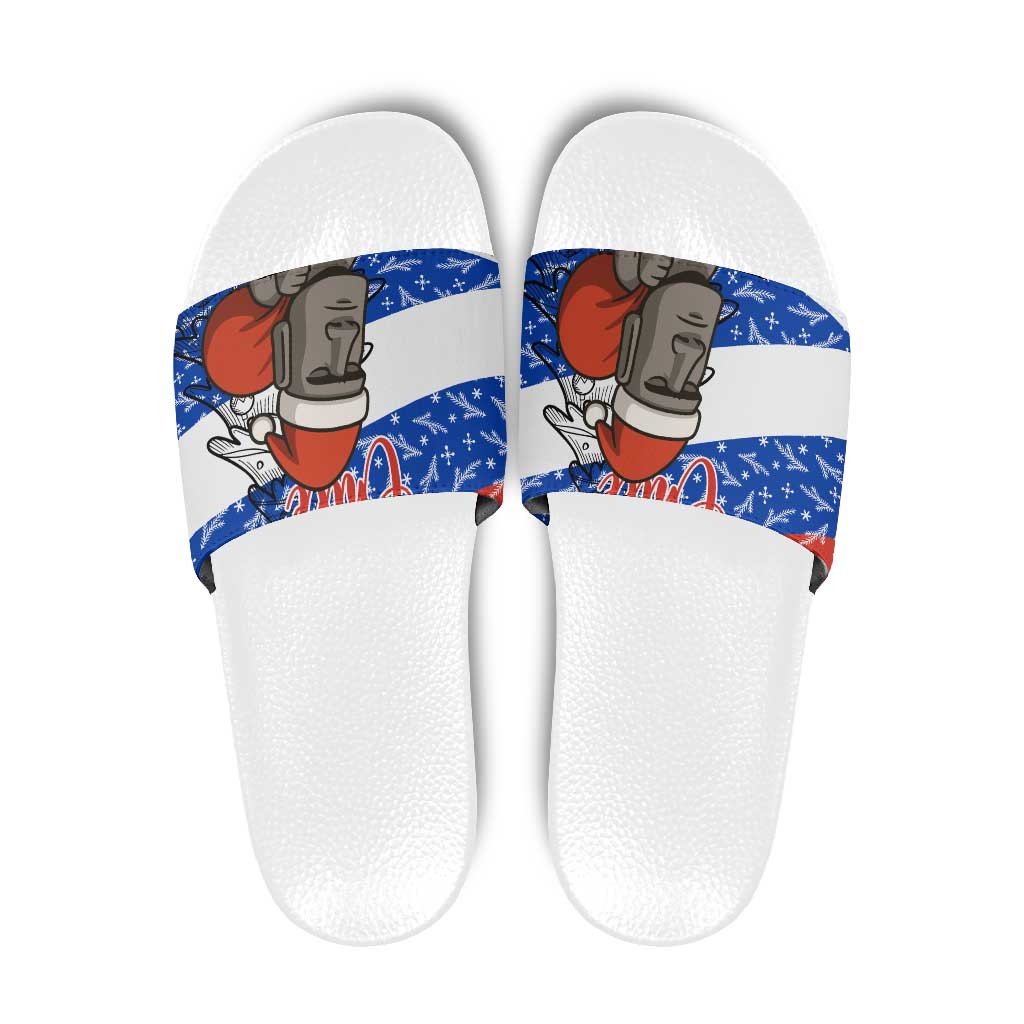 Chile Christmas Slide Sandals with Moai Statues Santa Hats Snowflakes and Flag Colors Design - Wonder Print Shop