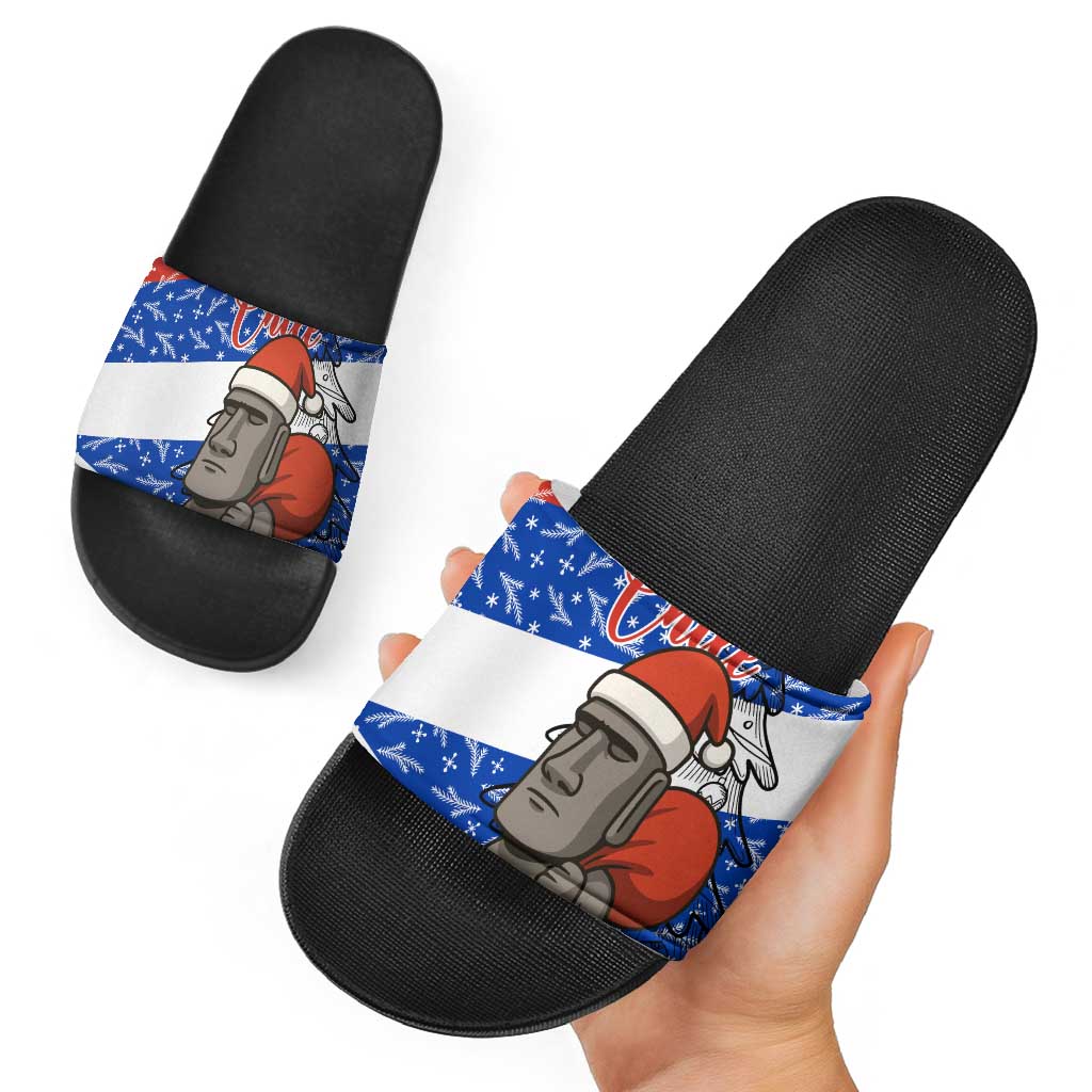 Chile Christmas Slide Sandals with Moai Statues Santa Hats Snowflakes and Flag Colors Design - Wonder Print Shop