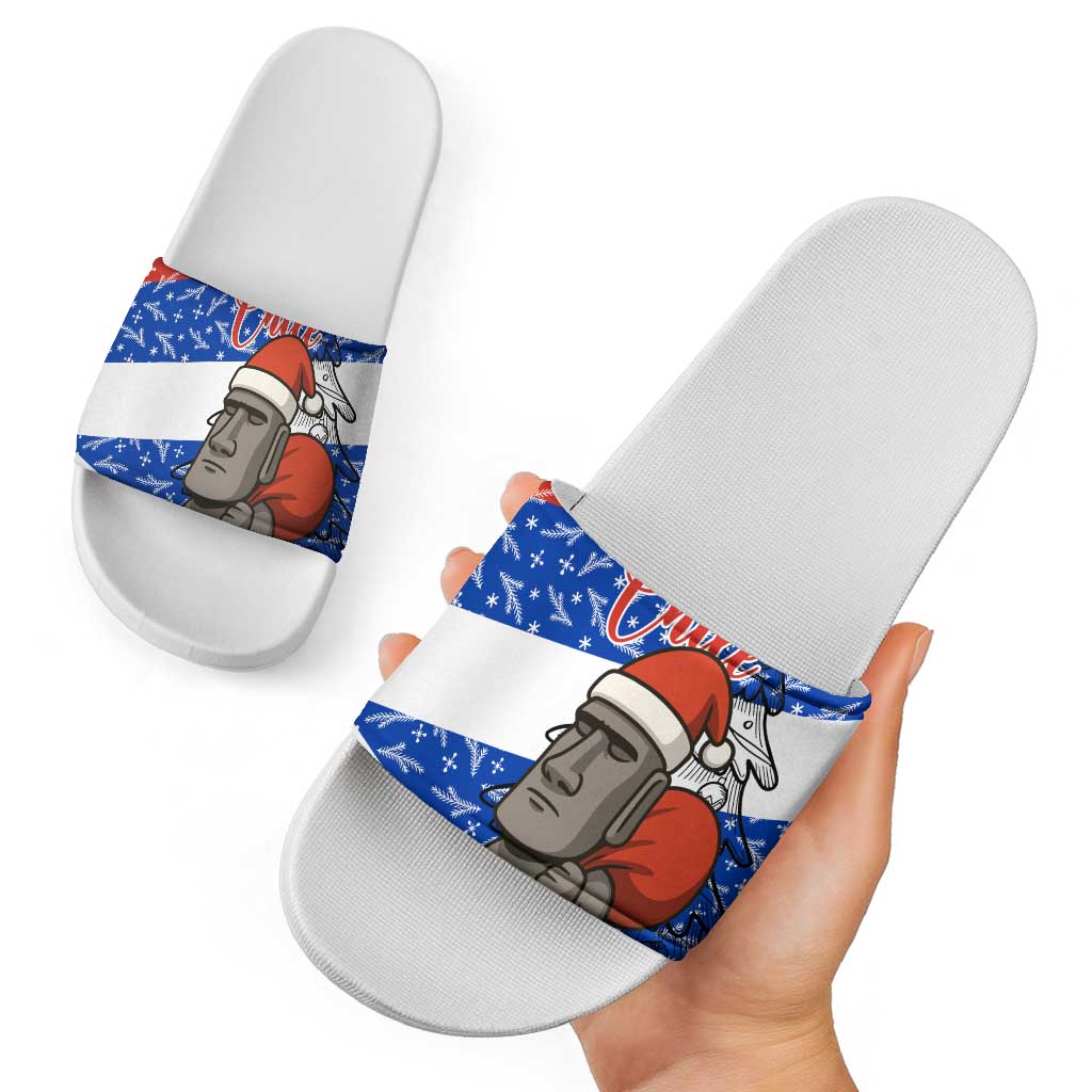 Chile Christmas Slide Sandals with Moai Statues Santa Hats Snowflakes and Flag Colors Design - Wonder Print Shop