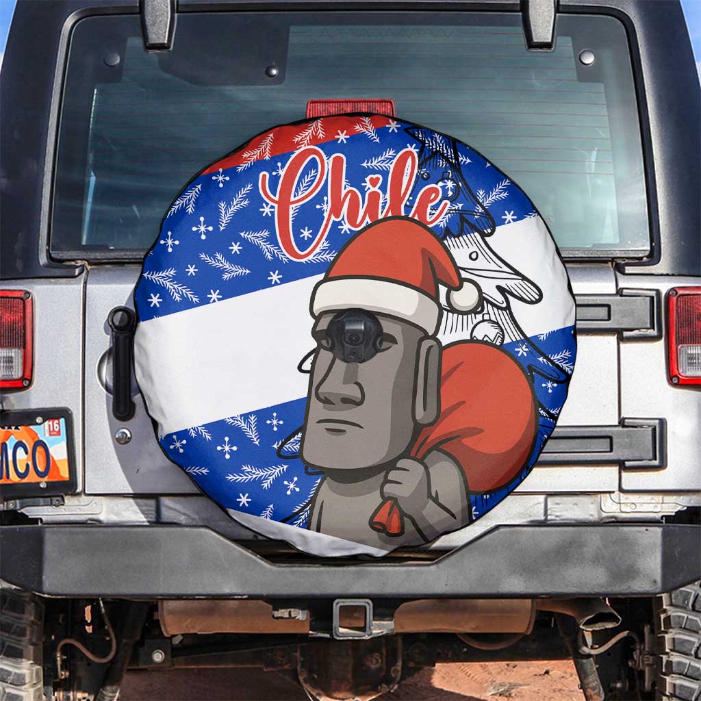 Chile Christmas Spare Tire Cover with Moai Statues Santa Hats Snowflakes and Flag Colors Design - Wonder Print Shop