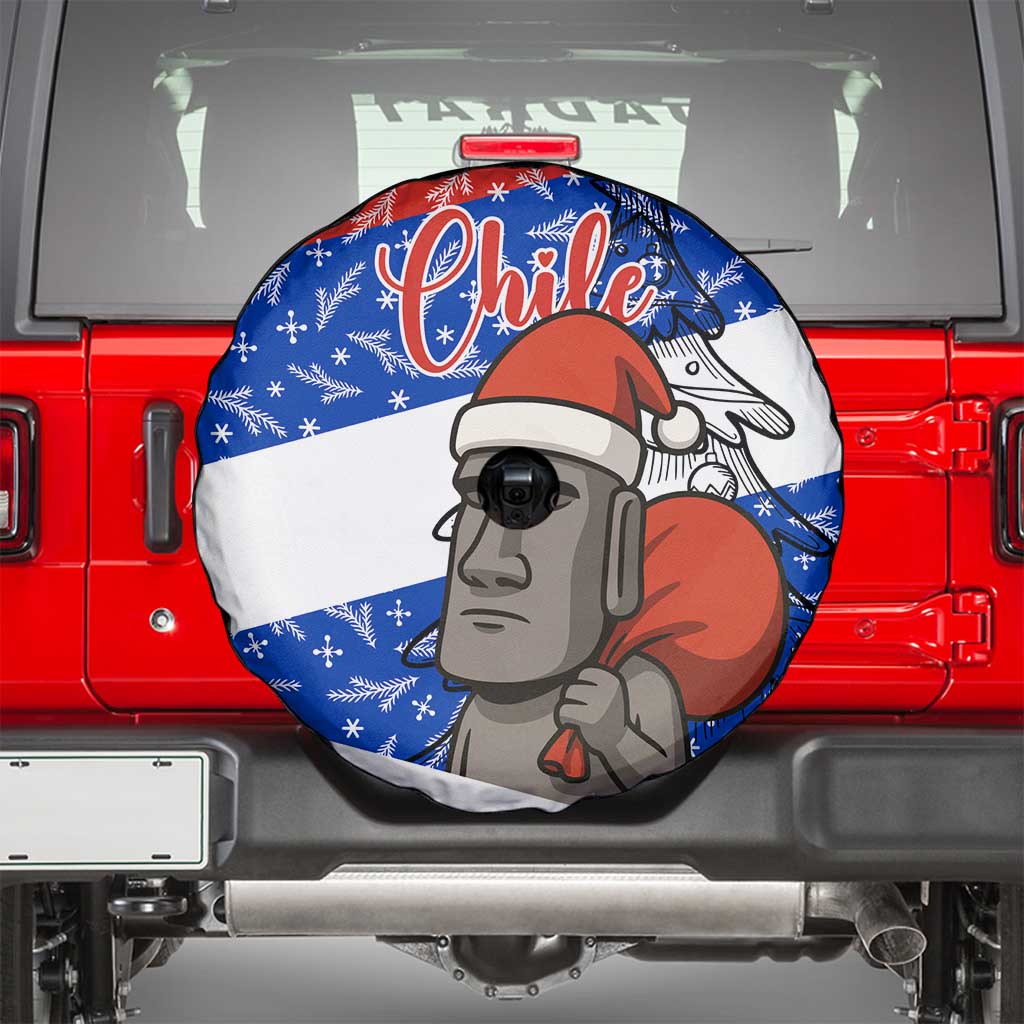 Chile Christmas Spare Tire Cover with Moai Statues Santa Hats Snowflakes and Flag Colors Design - Wonder Print Shop