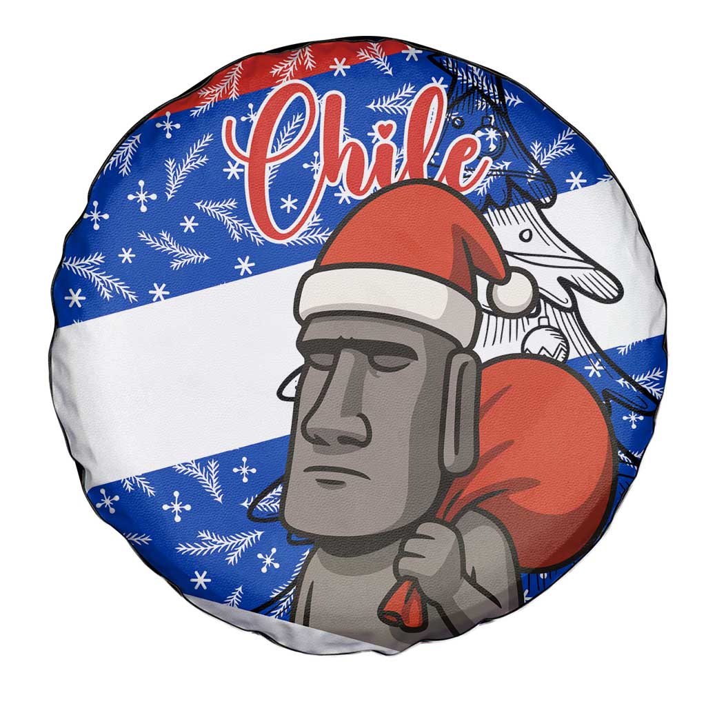 Chile Christmas Spare Tire Cover with Moai Statues Santa Hats Snowflakes and Flag Colors Design - Wonder Print Shop