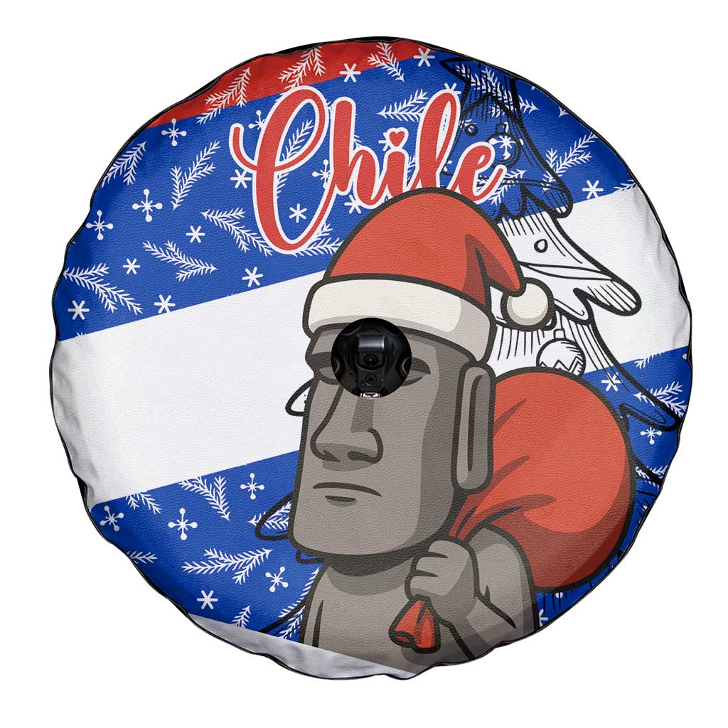 Chile Christmas Spare Tire Cover with Moai Statues Santa Hats Snowflakes and Flag Colors Design - Wonder Print Shop