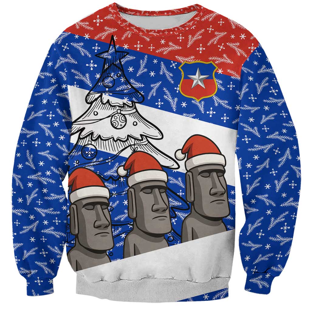 Chile Christmas Sweatshirt with Moai Statues Santa Hats Snowflakes and Flag Colors Design - Wonder Print Shop