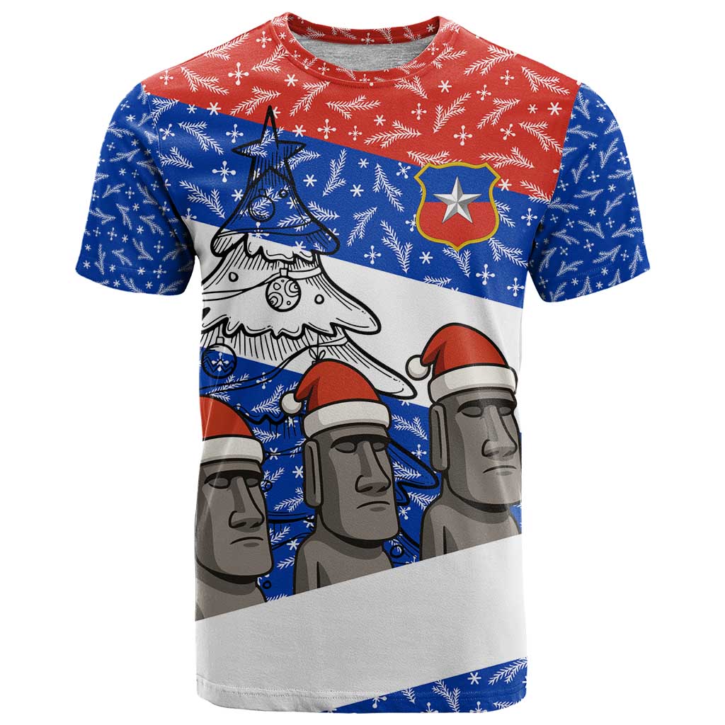 Chile Christmas T Shirt with Moai Statues Santa Hats Snowflakes and Flag Colors Design - Wonder Print Shop