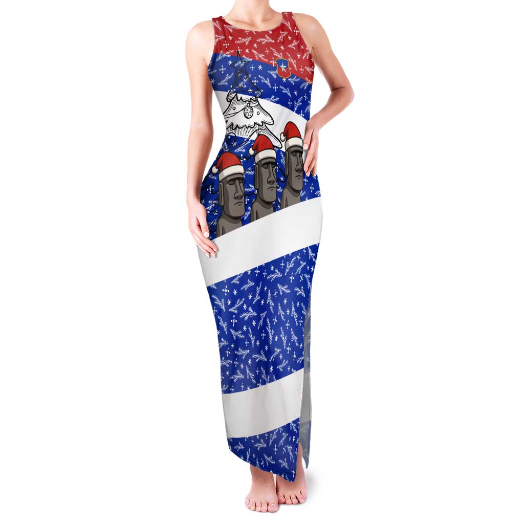 Chile Christmas Tank Maxi Dress with Moai Statues Santa Hats Snowflakes and Flag Colors Design - Wonder Print Shop