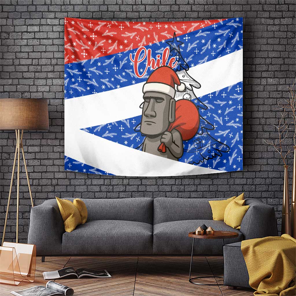 Chile Christmas Tapestry with Moai Statues Santa Hats Snowflakes and Flag Colors Design - Wonder Print Shop