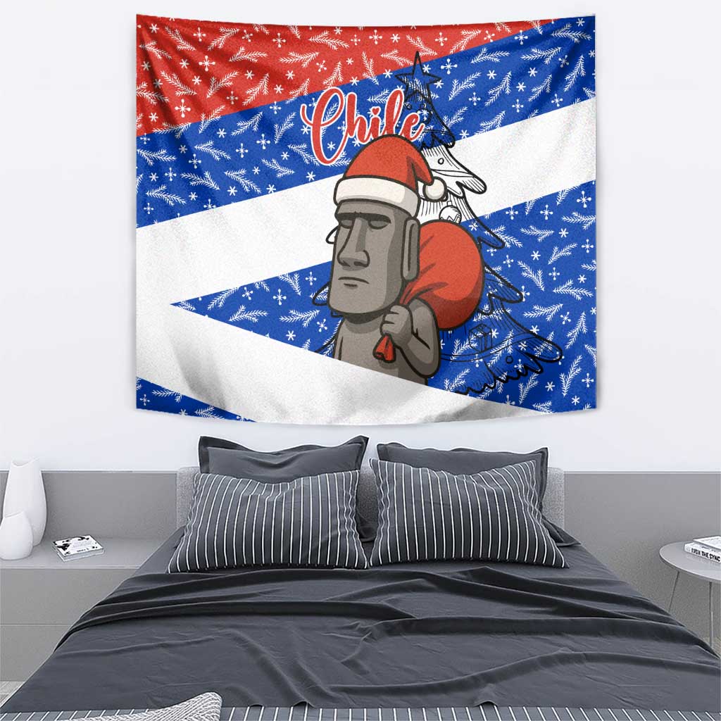 Chile Christmas Tapestry with Moai Statues Santa Hats Snowflakes and Flag Colors Design - Wonder Print Shop