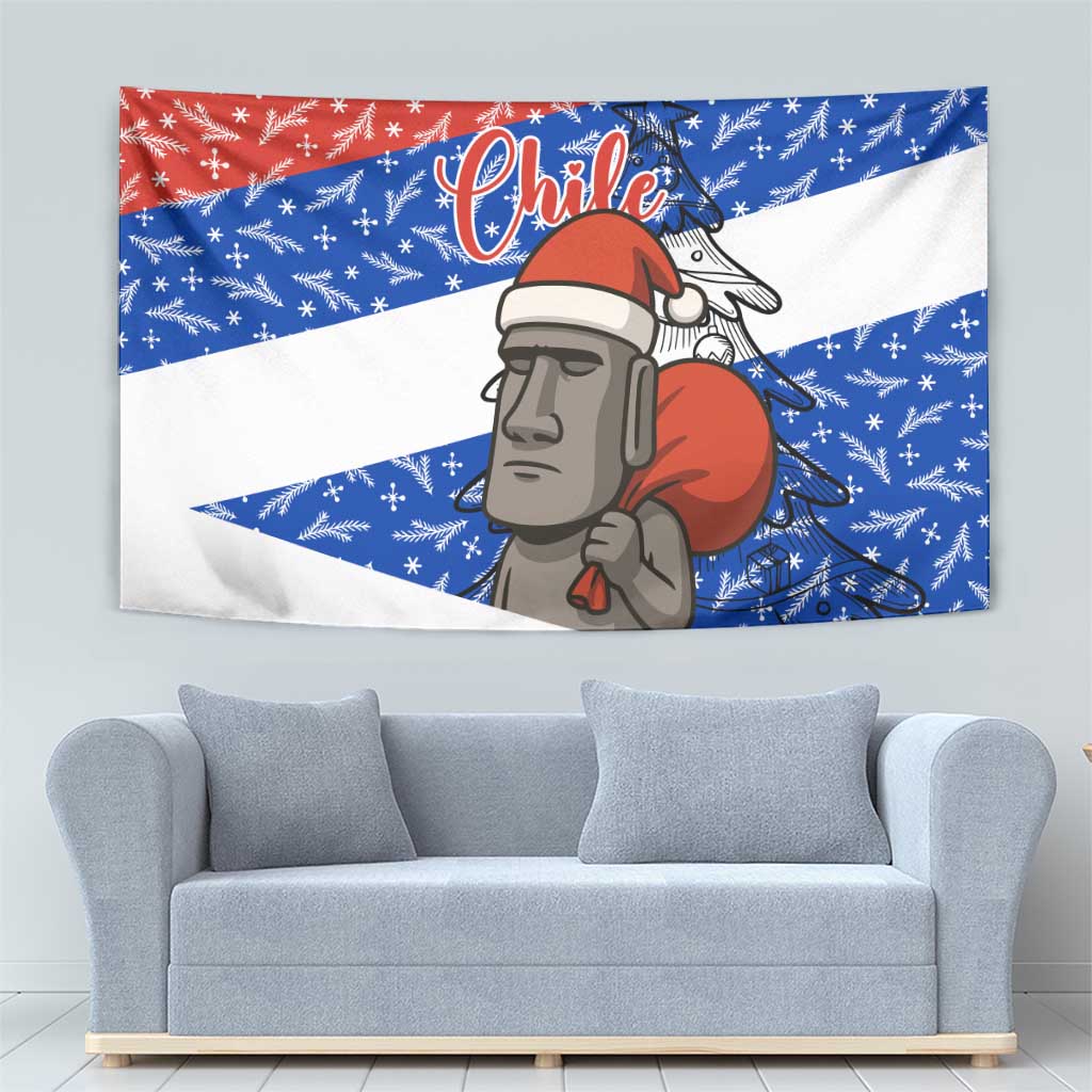 Chile Christmas Tapestry with Moai Statues Santa Hats Snowflakes and Flag Colors Design - Wonder Print Shop