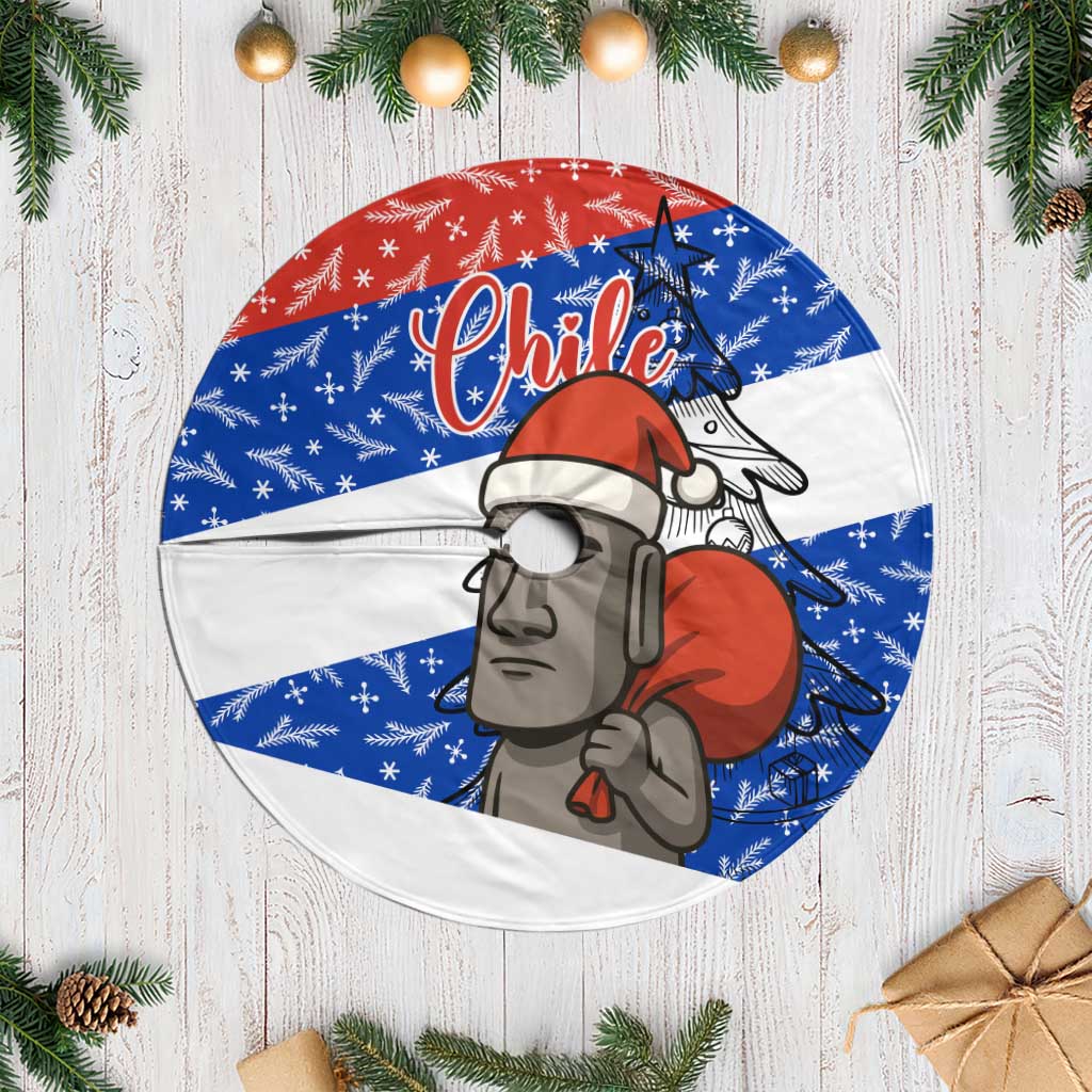 Chile Christmas Tree Skirt with Moai Statues Santa Hats Snowflakes and Flag Colors Design - Wonder Print Shop