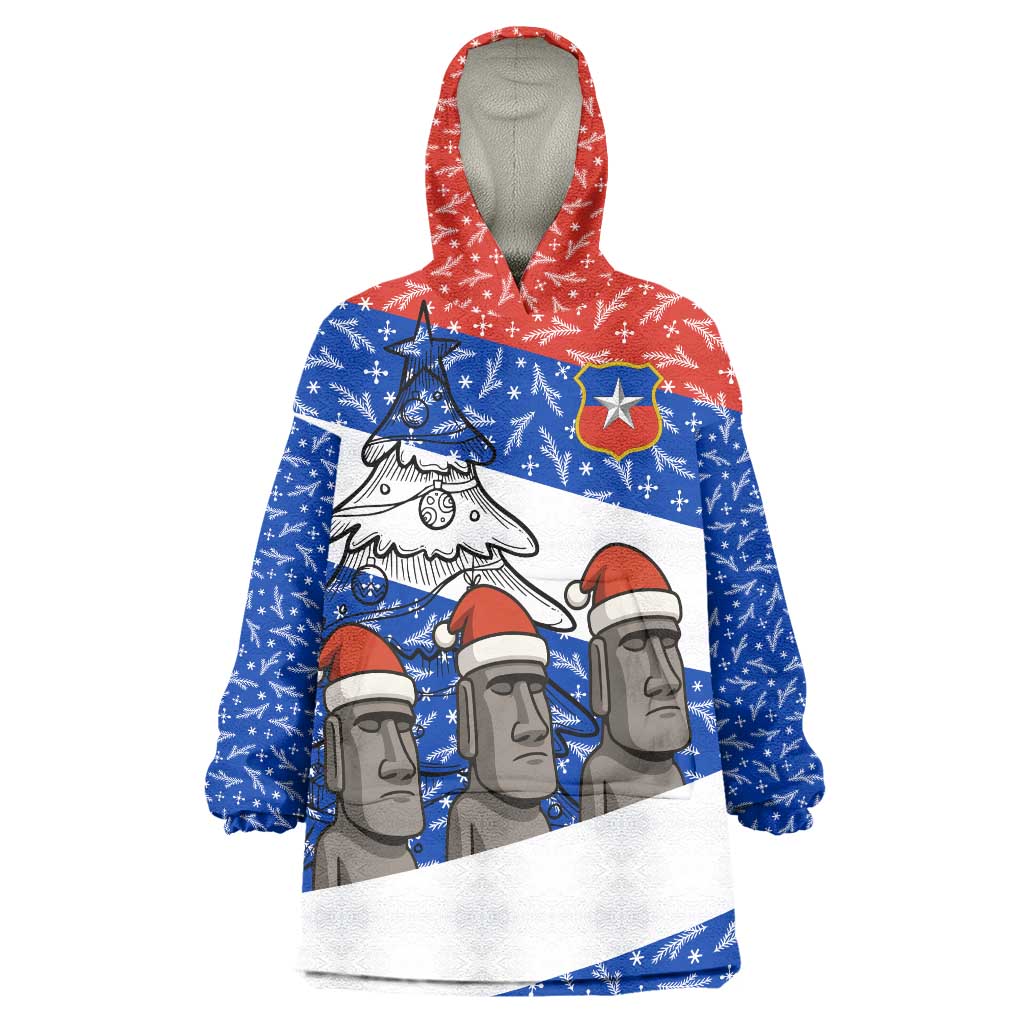 Chile Christmas Wearable Blanket Hoodie with Moai Statues Santa Hats Snowflakes and Flag Colors Design - Wonder Print Shop