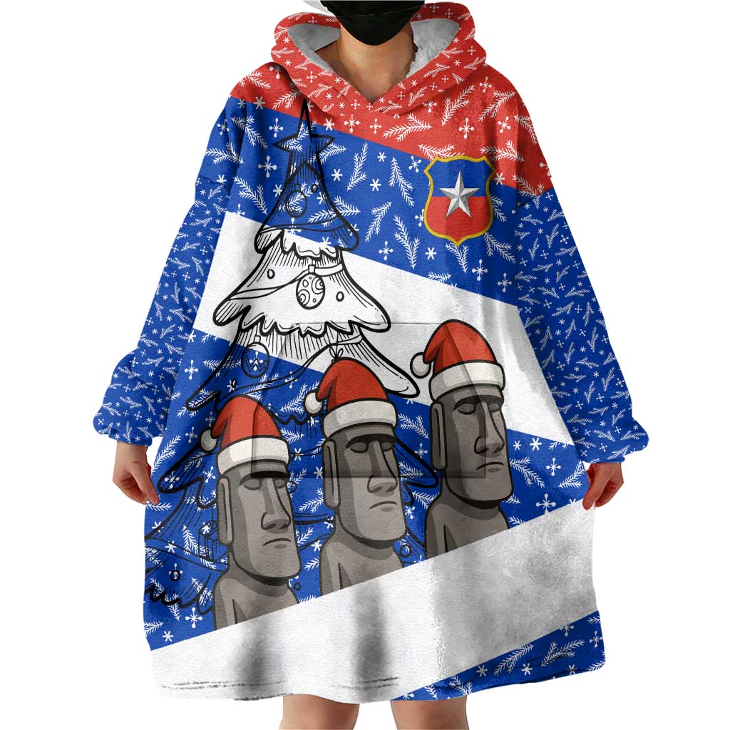 Chile Christmas Wearable Blanket Hoodie with Moai Statues Santa Hats Snowflakes and Flag Colors Design - Wonder Print Shop