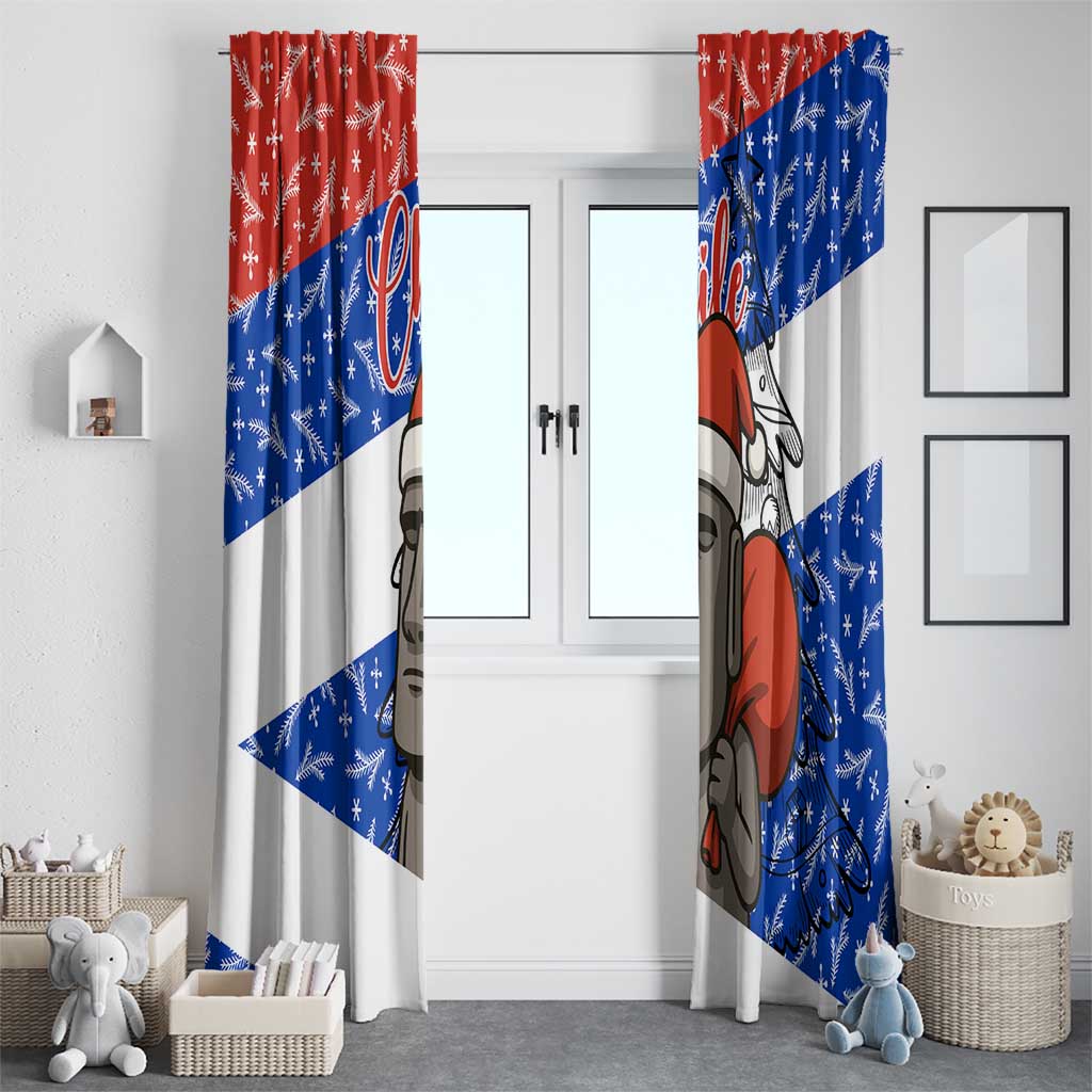 Chile Christmas Window Curtain with Moai Statues Santa Hats Snowflakes and Flag Colors Design - Wonder Print Shop