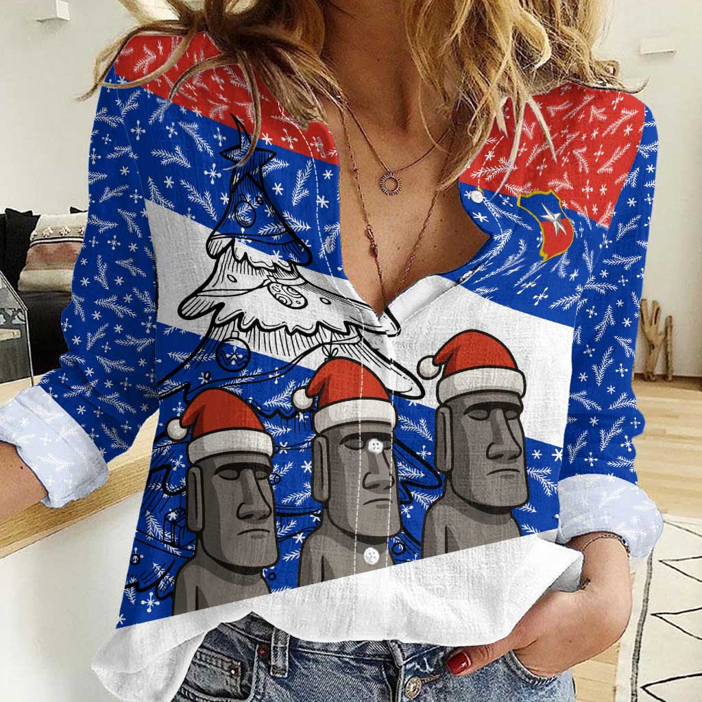 Chile Christmas Women Casual Shirt with Moai Statues Santa Hats Snowflakes and Flag Colors Design - Wonder Print Shop