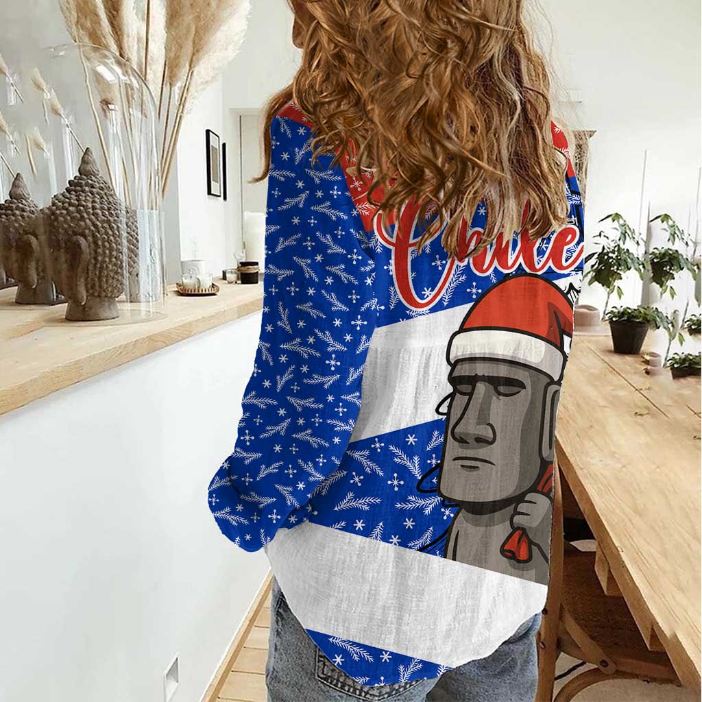 Chile Christmas Women Casual Shirt with Moai Statues Santa Hats Snowflakes and Flag Colors Design - Wonder Print Shop