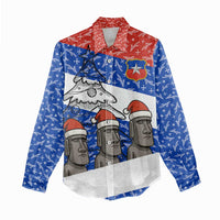Chile Christmas Women Casual Shirt with Moai Statues Santa Hats Snowflakes and Flag Colors Design - Wonder Print Shop
