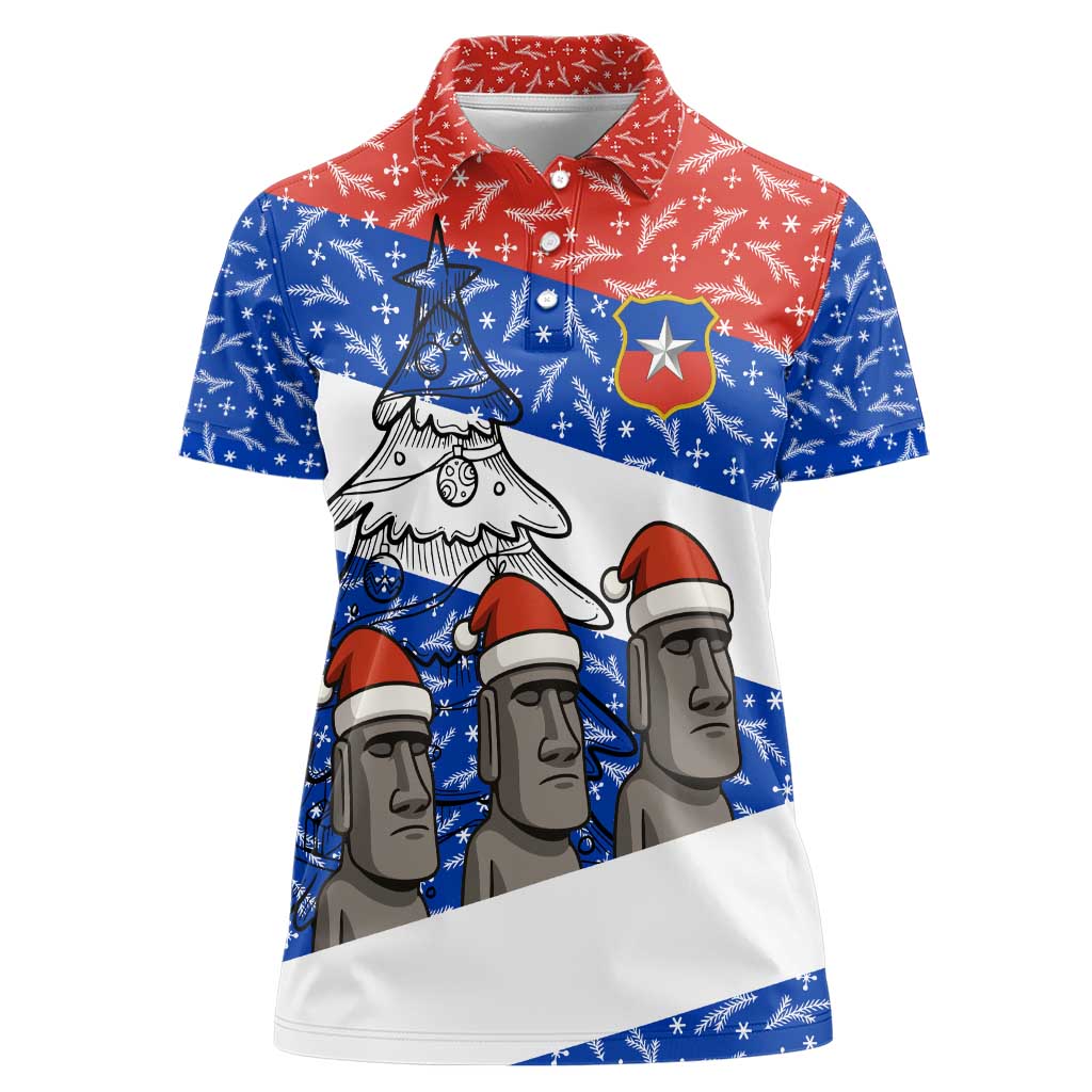 Chile Christmas Women Polo Shirt with Moai Statues Santa Hats Snowflakes and Flag Colors Design - Wonder Print Shop