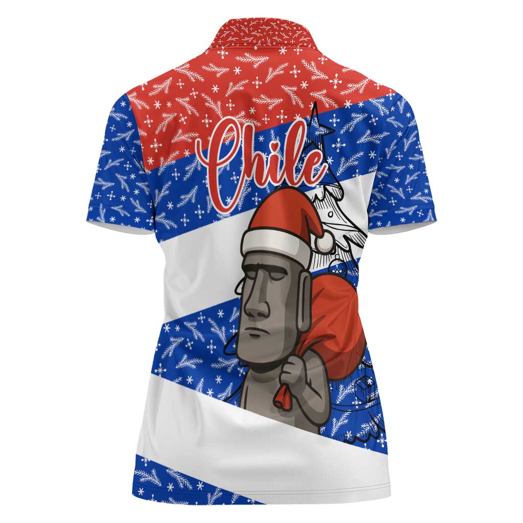 Chile Christmas Women Polo Shirt with Moai Statues Santa Hats Snowflakes and Flag Colors Design - Wonder Print Shop
