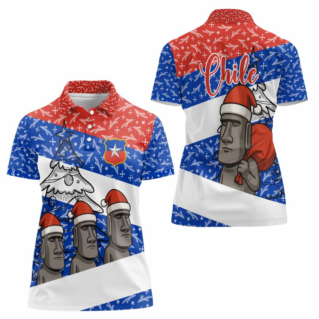 Chile Christmas Women Polo Shirt with Moai Statues Santa Hats Snowflakes and Flag Colors Design - Wonder Print Shop