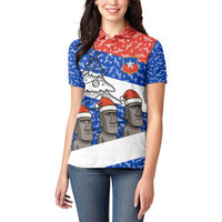 Chile Christmas Women Polo Shirt with Moai Statues Santa Hats Snowflakes and Flag Colors Design - Wonder Print Shop