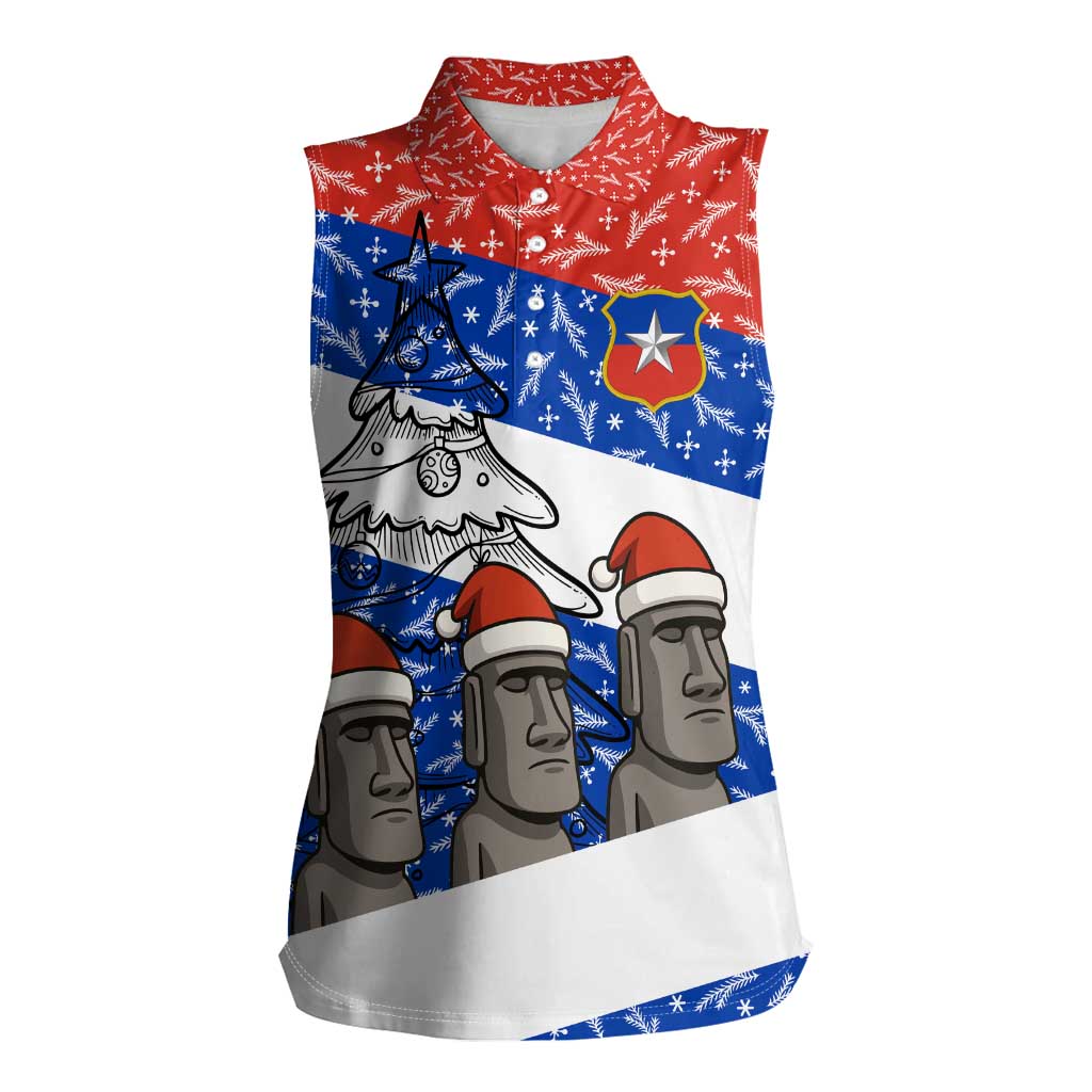 Chile Christmas Women Sleeveless Polo Shirt with Moai Statues Santa Hats Snowflakes and Flag Colors Design - Wonder Print Shop