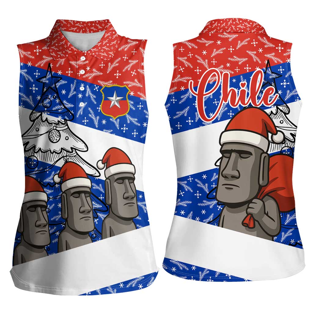 Chile Christmas Women Sleeveless Polo Shirt with Moai Statues Santa Hats Snowflakes and Flag Colors Design - Wonder Print Shop
