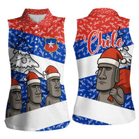 Chile Christmas Women Sleeveless Polo Shirt with Moai Statues Santa Hats Snowflakes and Flag Colors Design - Wonder Print Shop
