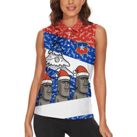 Chile Christmas Women Sleeveless Polo Shirt with Moai Statues Santa Hats Snowflakes and Flag Colors Design - Wonder Print Shop