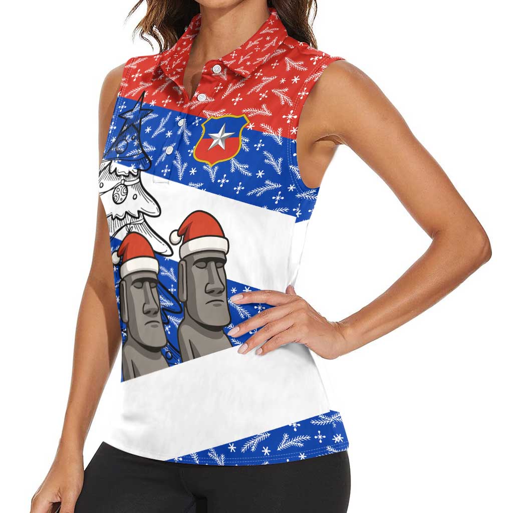 Chile Christmas Women Sleeveless Polo Shirt with Moai Statues Santa Hats Snowflakes and Flag Colors Design - Wonder Print Shop