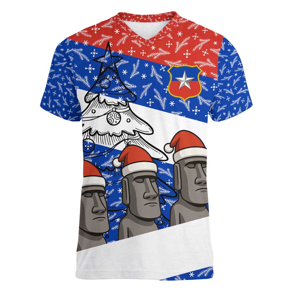 Chile Christmas Women V-Neck T-Shirt with Moai Statues Santa Hats Snowflakes and Flag Colors Design - Wonder Print Shop