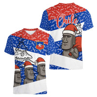 Chile Christmas Women V-Neck T-Shirt with Moai Statues Santa Hats Snowflakes and Flag Colors Design - Wonder Print Shop