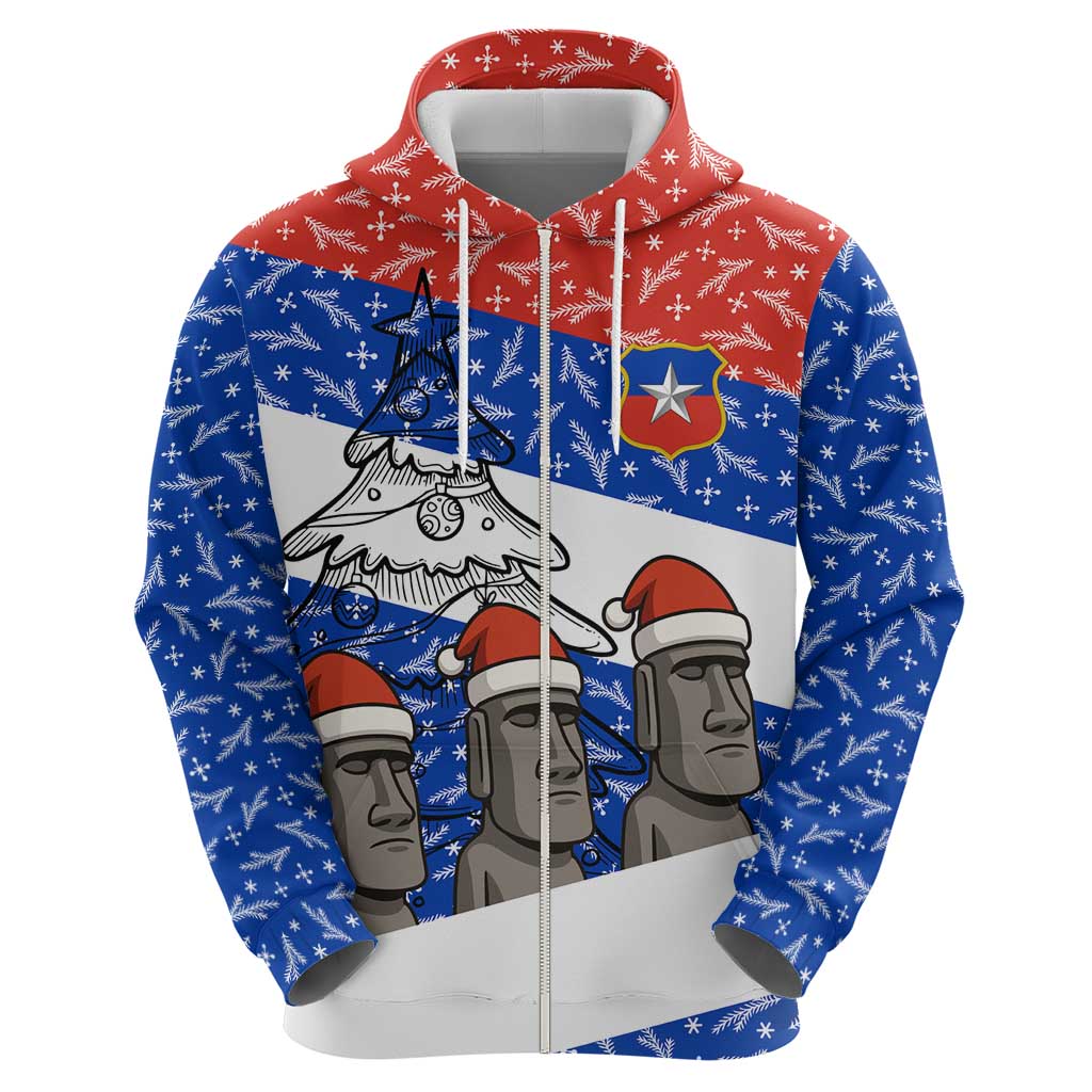 Chile Christmas Zip Hoodie with Moai Statues Santa Hats Snowflakes and Flag Colors Design - Wonder Print Shop