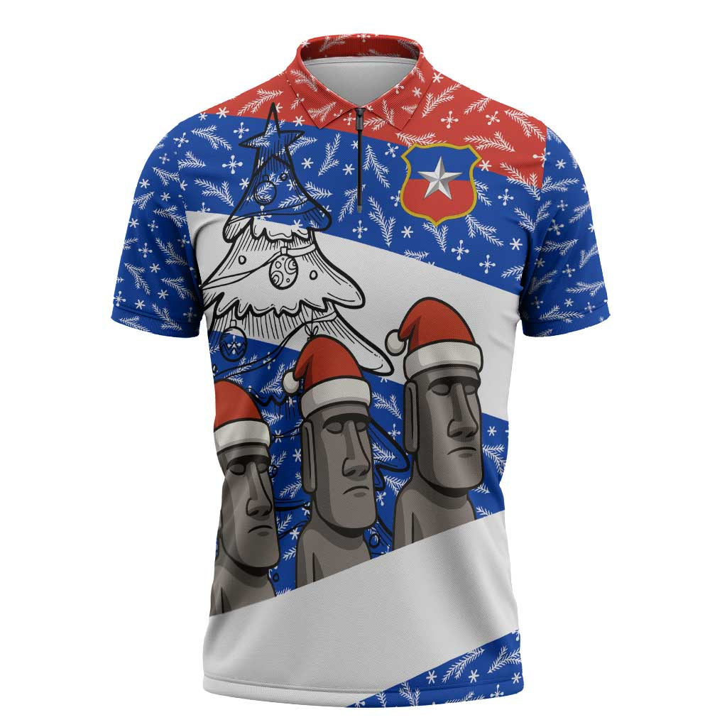 Chile Christmas Zipper Polo Shirt with Moai Statues Santa Hats Snowflakes and Flag Colors Design - Wonder Print Shop