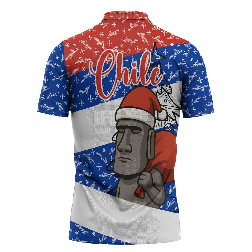 Chile Christmas Zipper Polo Shirt with Moai Statues Santa Hats Snowflakes and Flag Colors Design - Wonder Print Shop