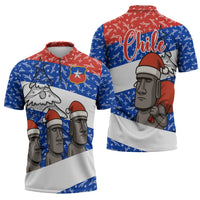 Chile Christmas Zipper Polo Shirt with Moai Statues Santa Hats Snowflakes and Flag Colors Design - Wonder Print Shop