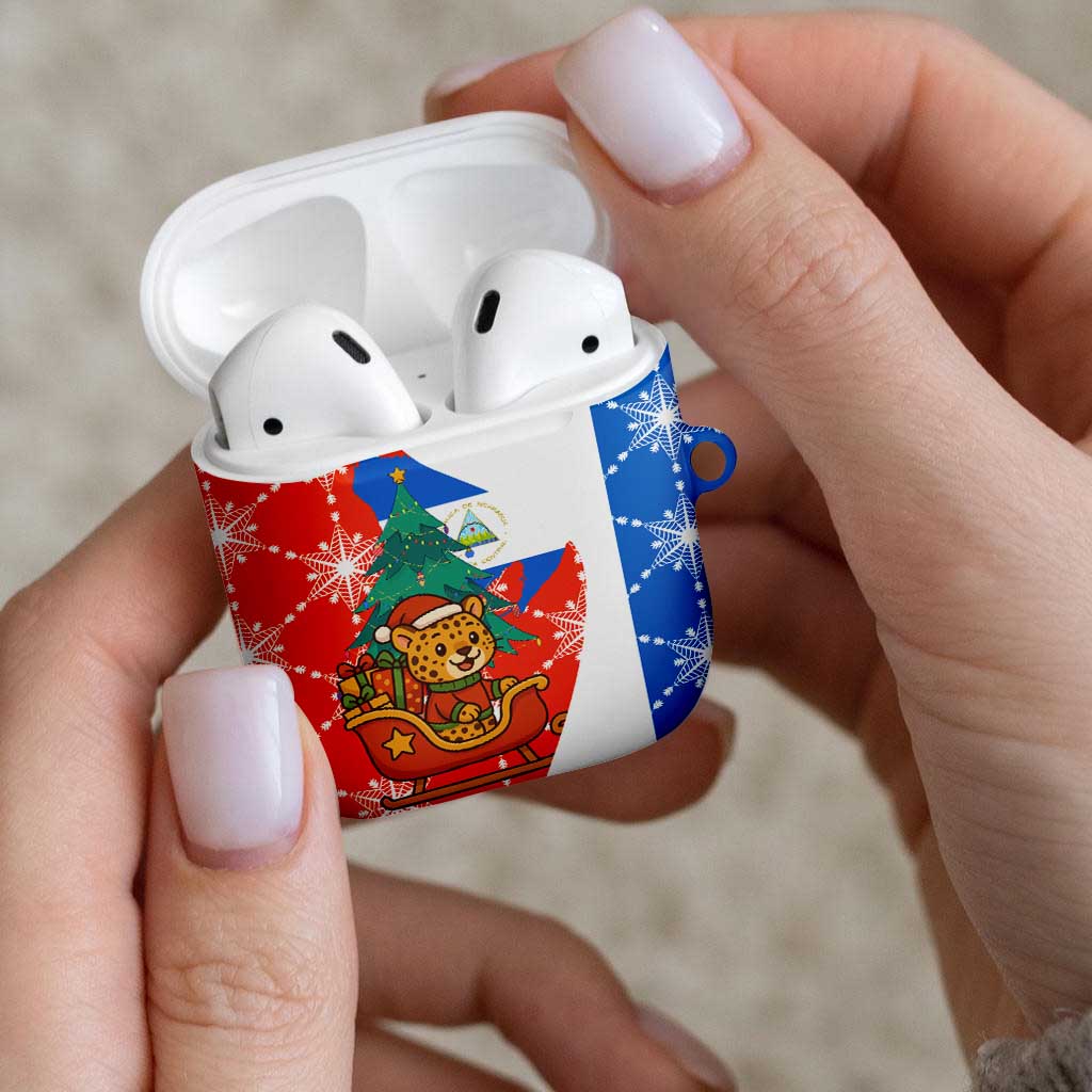 Nicaragua Christmas AirPods Case with Jaguar in Sleigh Christmas Tree Snowflakes and Flag Colors Design - Wonder Print Shop