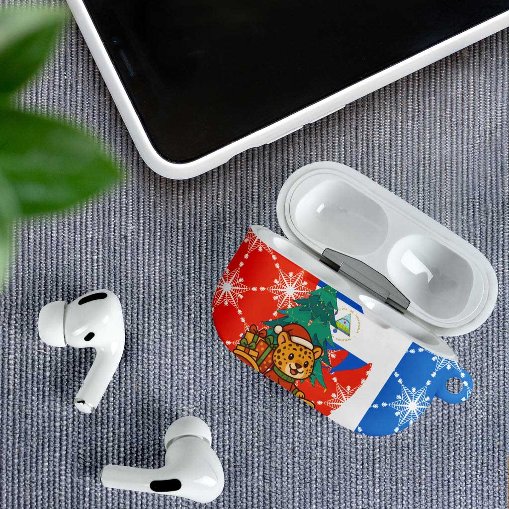Nicaragua Christmas AirPods Case with Jaguar in Sleigh Christmas Tree Snowflakes and Flag Colors Design - Wonder Print Shop