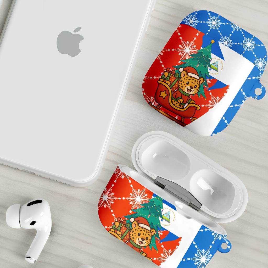 Nicaragua Christmas AirPods Case with Jaguar in Sleigh Christmas Tree Snowflakes and Flag Colors Design - Wonder Print Shop