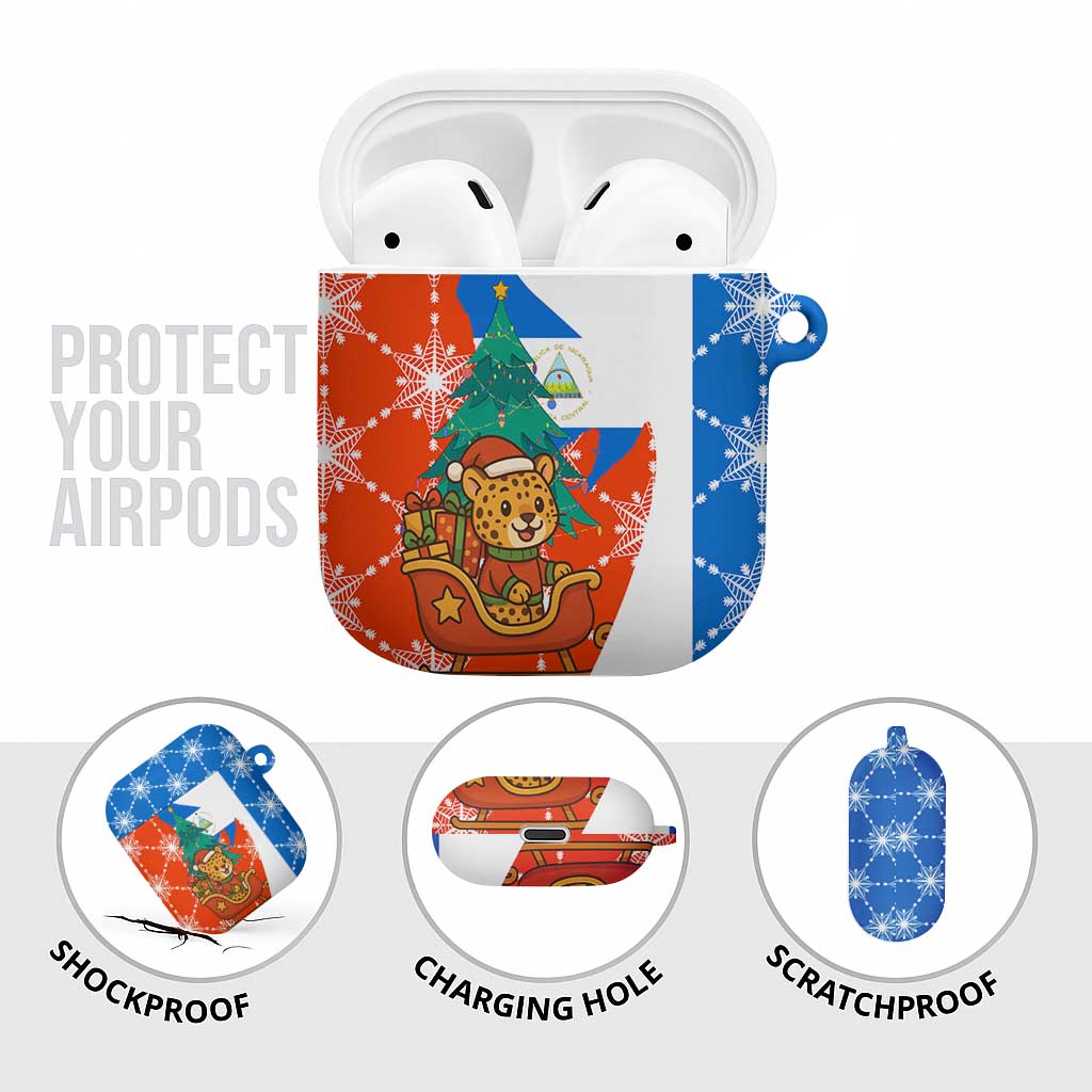 Nicaragua Christmas AirPods Case with Jaguar in Sleigh Christmas Tree Snowflakes and Flag Colors Design - Wonder Print Shop